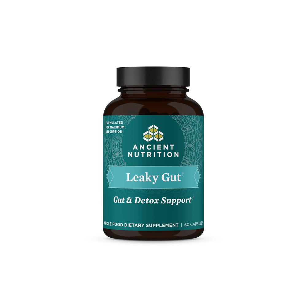 Ancient Nutrition Leaky Gut Capsules bottle offering digestive support on label