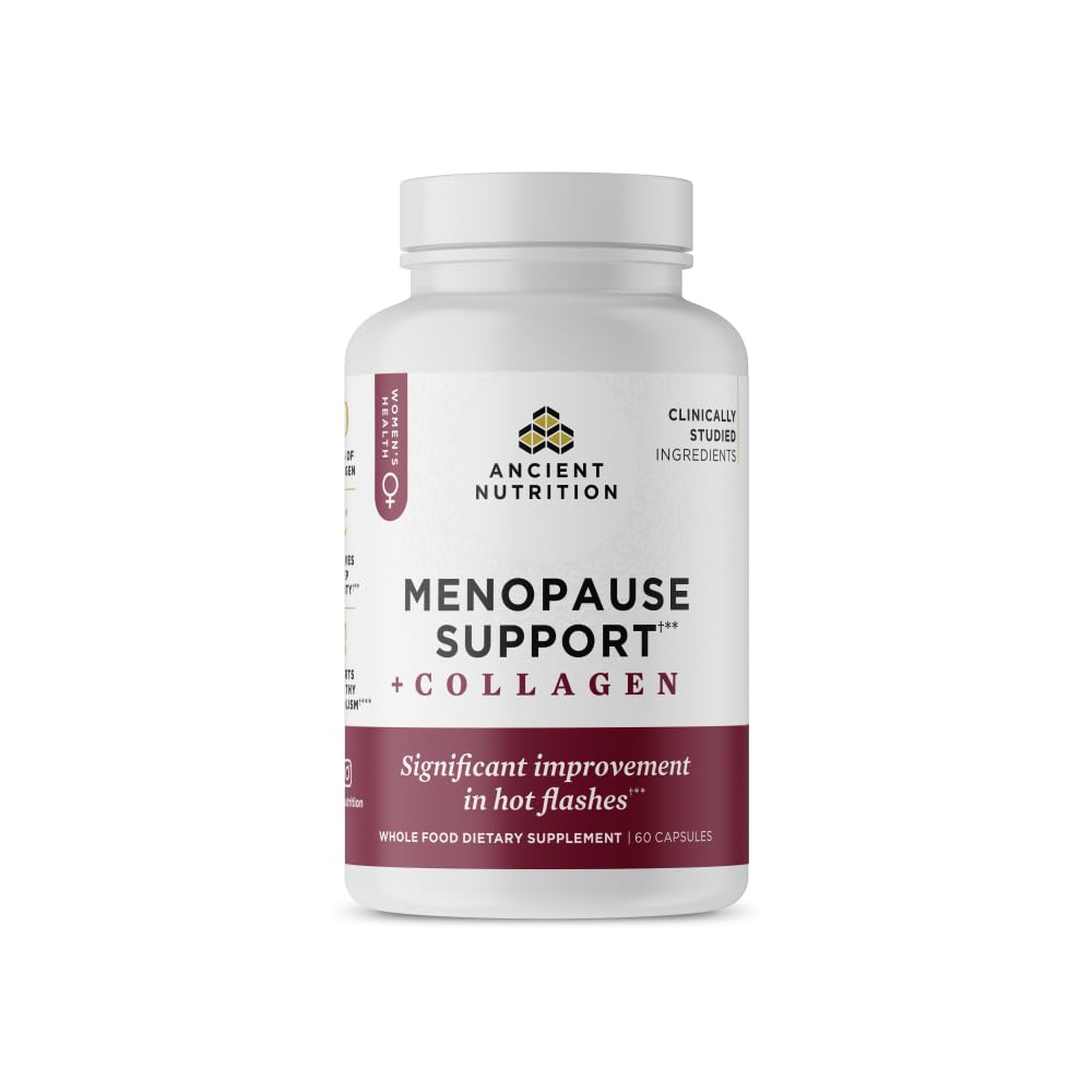 Ancient Nutrition menopause support capsules close-up for easy daily intake.