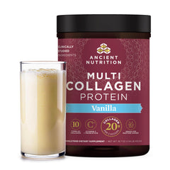 Ancient Nutrition Multi Collagen Vanilla tub showing powder for daily collagen support.