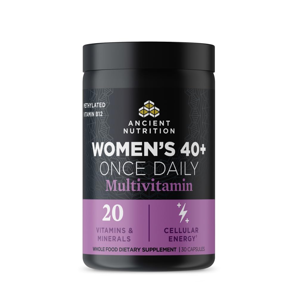 Ancient Nutrition Multi for Women 40+ bottle front shows bone health and immune support nutrients.