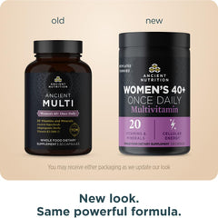 Ancient Nutrition Multi for Women 40+ capsules closeup highlights folate, iron, and calcium benefits.