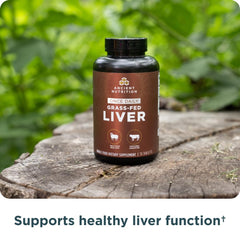 Ancient Nutrition organ supplements bottle back label highlights grass-fed and wild origin.