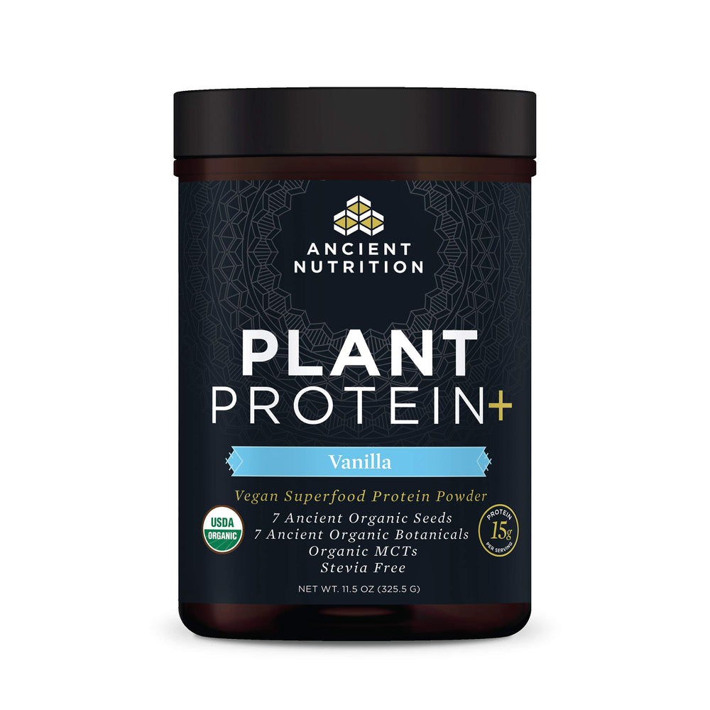 Ancient Nutrition Plant Protein Plus Vanilla bottle shows a dairy-free protein option for shakes.