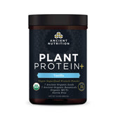 Ancient Nutrition Plant Protein Plus Vanilla bottle shows a dairy-free protein option for shakes.