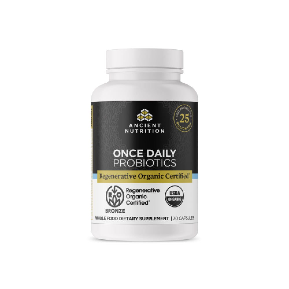 Ancient Nutrition regenerative organic probiotics bottle for daily digestion balance