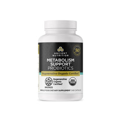 Ancient Nutrition regenerative organic probiotics bottle with capsules for daily metabolism support potential