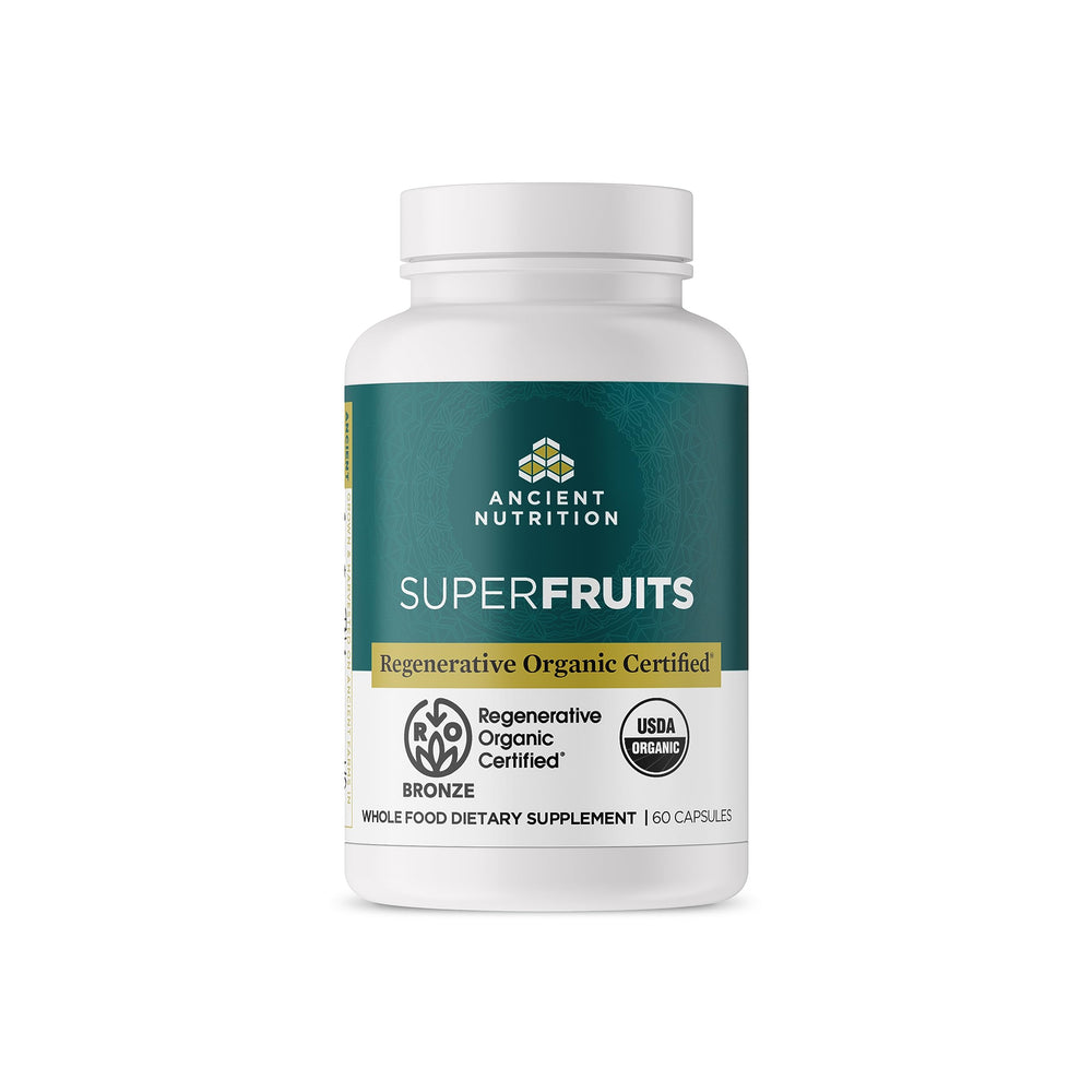 Ancient Nutrition Regenerative SuperFruits bottle for daily gut support.
