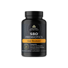 Ancient Nutrition SBO Gut Restore bottle with capsules for gut support.