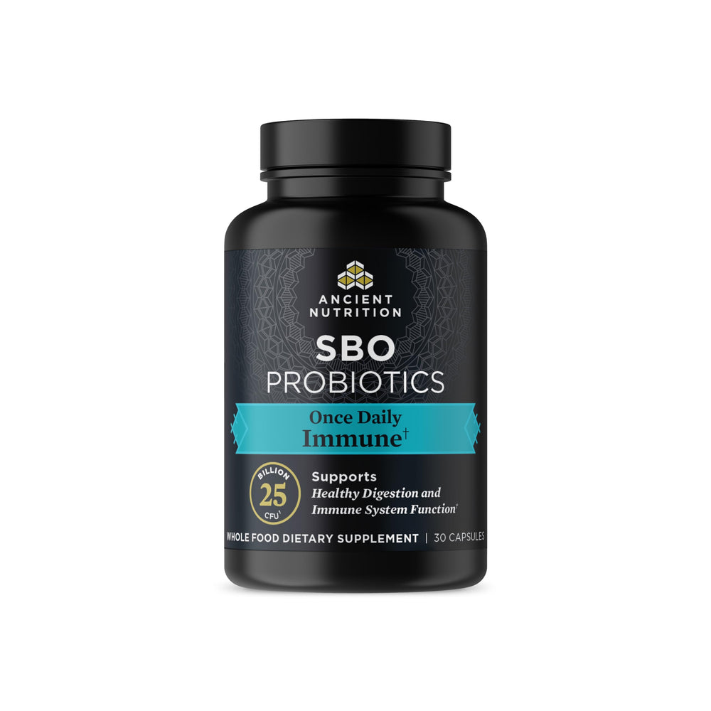 Ancient Nutrition SBO Once Daily Probiotics bottle highlighting 25 Billion CFU for digestive support.
