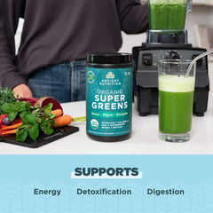 Ancient Nutrition Super Greens tub front highlights organic formula for on-the-go nutrition