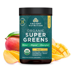 Ancient Nutrition SuperGreens bottle shows easy daily greens for energy and balance
