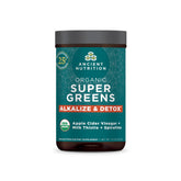 Ancient Nutrition Supergreens detox tub showing organic detox blend for daily energy support