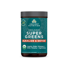 Ancient Nutrition Supergreens detox tub showing organic detox blend for daily energy support