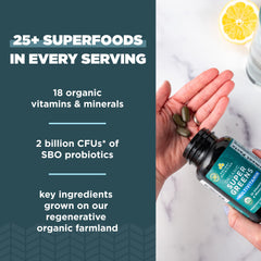 Ancient Nutrition Supergreens ingredient blend in natural bowls.