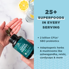 Ingredients label of Ancient Nutrition SuperGreens highlighting spirulina and moringa.