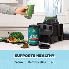 Ancient Nutrition Supergreens jar label close-up highlighting organic, USA-made quality