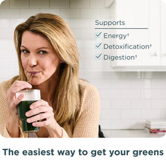 Ancient Nutrition SuperGreens mango glass shows ready-to-mix shake for antioxidant-rich greens.