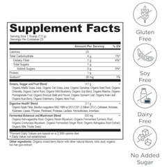 Ancient Nutrition SuperGreens label closeup highlighting organic ingredients and probiotic support.