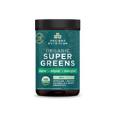 Ancient Nutrition SuperGreens powder tub highlights organic greens for daily nourishment