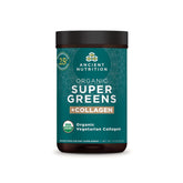 Ancient Nutrition Supergreens tub label highlights organic greens and collagen for daily wellness
