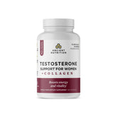 Ancient Nutrition testosterone support bottle on shelf promotes hormonal balance possibilities for women.
