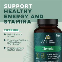 Ancient Nutrition Thyroid Support bottle shown with glass of water for daily use.