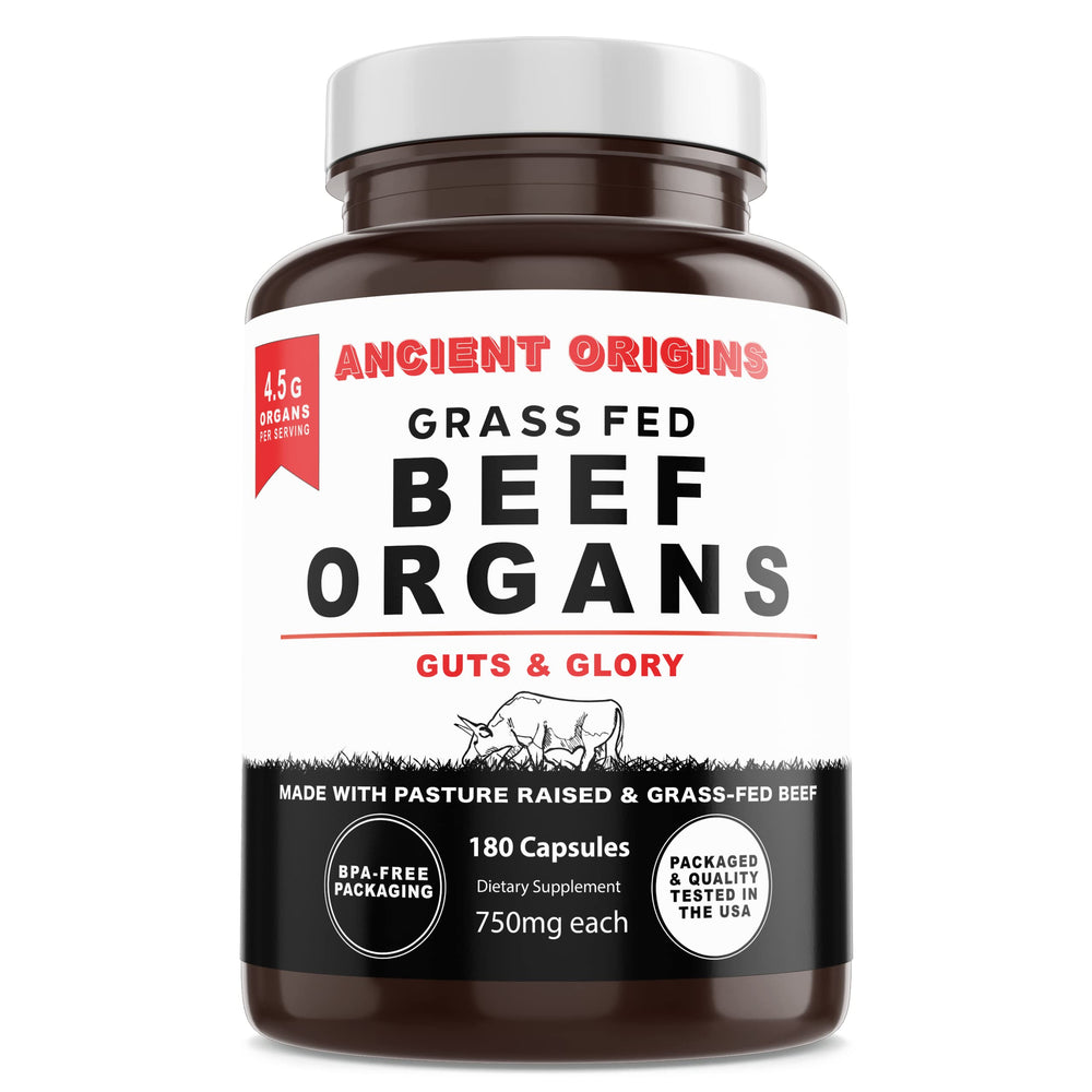 Ancient Origins grass-fed beef organs capsules close-up highlighting nutrient-dense supplement for daily vitality