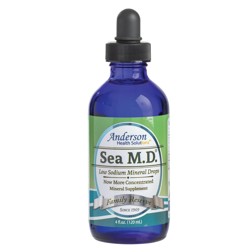 Anderson Sea M.D. bottle closeup for easy daily mineral intake