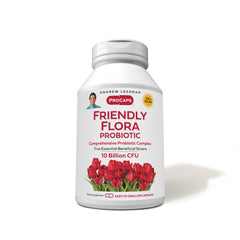 Andrew Lessman Friendly Flora probiotic bottle front promoting daily digestive balance