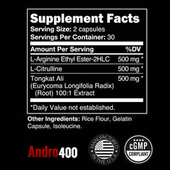 Andro400 T Booster bottle closeup highlighting the label and ingredients