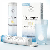 ANEVYRAQ molecular hydrogen tablet dissolving; hydration with potential antioxidant support.