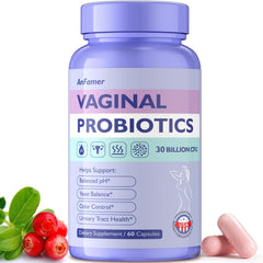 AnFamer Vaginal Probiotics bottle packshot showing a 60-capsule daily supply for balance.