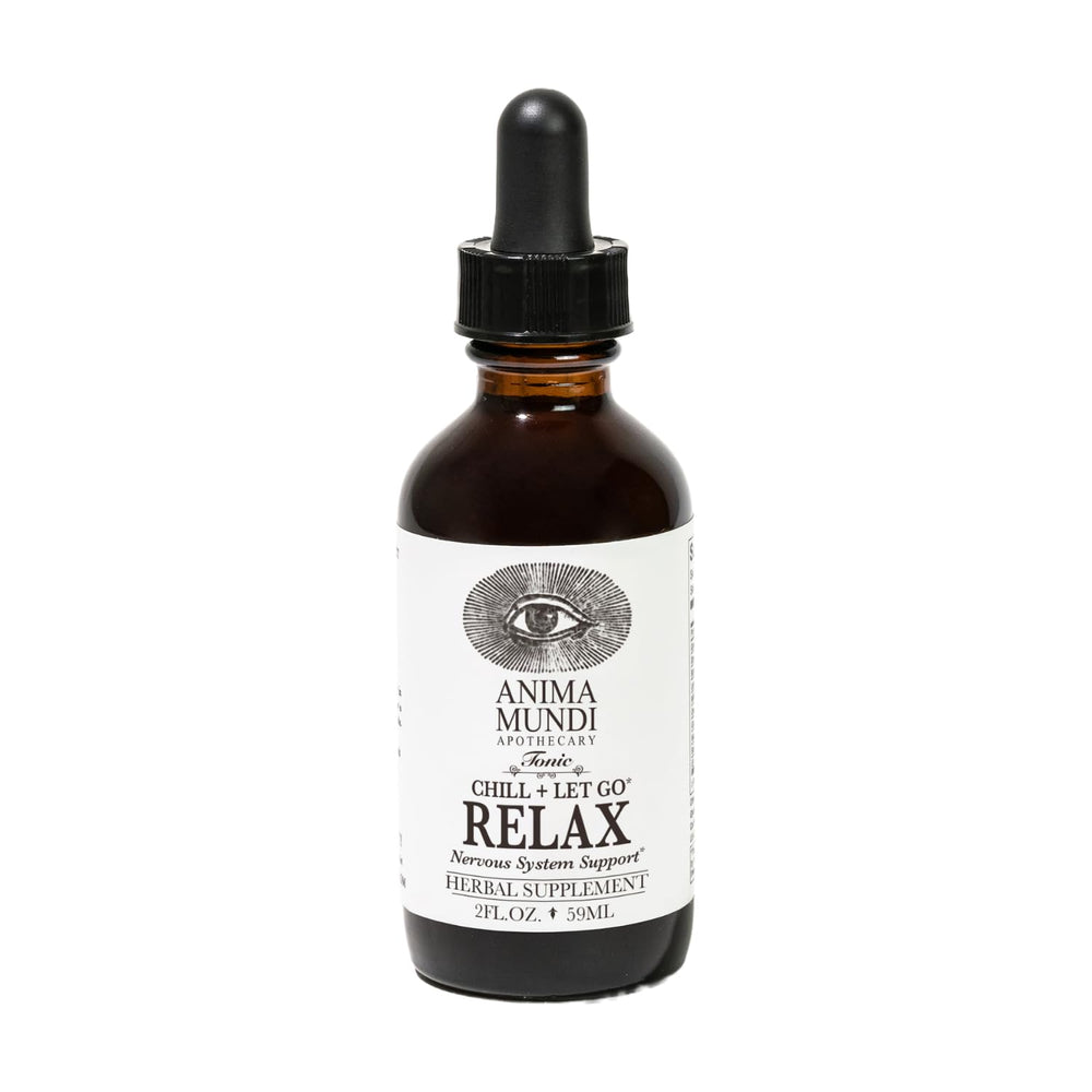 Anima Mundi Relax Tonic bottle close-up offers calming support for everyday stress.