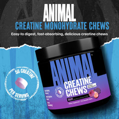 Close-up of Animal Creatine Chews grape tablets for convenient pre/post workout use