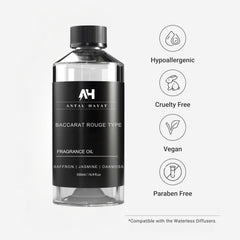 Antal Hayat Baccarat Rouge diffuser oil closeup highlights premium blend ideal for living spaces.