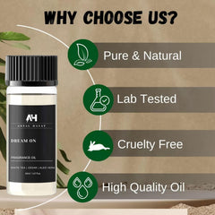 Dream On bottle close-up hints white tea and cedarwood notes for calming ambience.