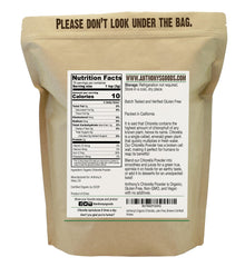 Anthony's chlorella powder tub back label shows organic and allergen information.
