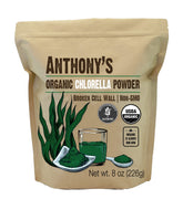 Anthony's chlorella powder tub front, USDA Organic and gluten-free branding.