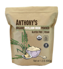 Anthony's Organic psyllium husk powder bottle front, premium fiber for daily digestive support.