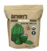 Anthony's Organic Wheatgrass Powder bottle close-up, great for smoothies and greens.