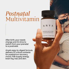 ANYA Postpartum Multivitamin bottle open with capsules ready for daily use.