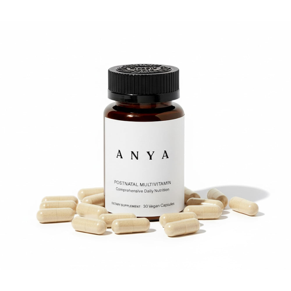ANYA Postpartum Multivitamin bottle showing vegan, non-GMO formula for breastfeeding support.