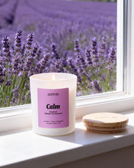 AOOVOO Lavender Thyme with Amethyst candle close-up promoting calm ambience.