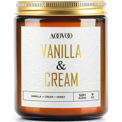 AOOVOO Vanilla Cream Candle 9oz jar glows for a cozy living room ambience.