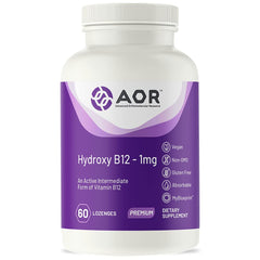 AOR Hydroxy B12 bottle close-up, highlighting vegan B12 option for daily support.