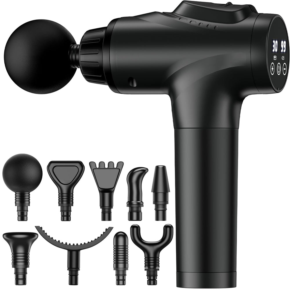 APherma massage gun front view in black, compact design for easy grip and control