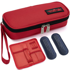 Apollo Walker insulin cooler travel case shown with compact form under airplane seat for easy travel
