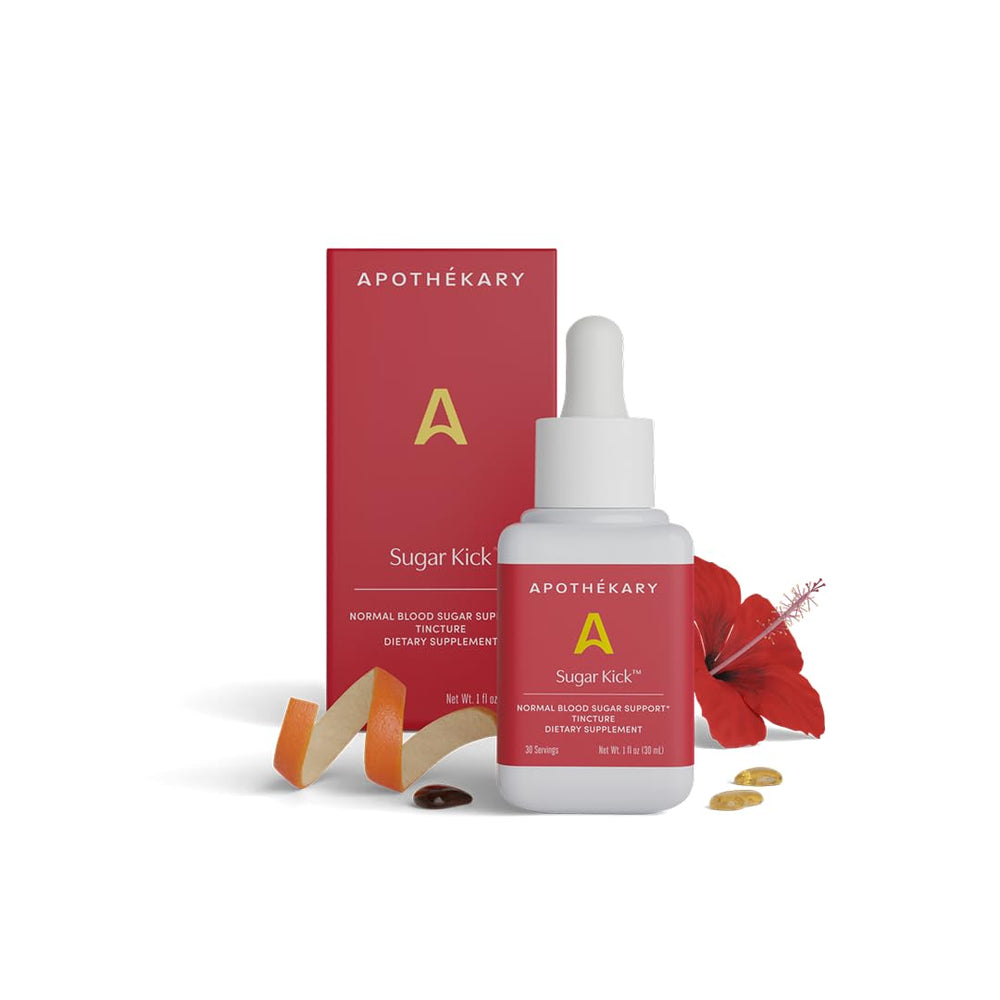 Apothékary Sugar Kick bottle shows herbal drops for daily balance and energy.