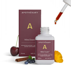 Apothekary Wine Down bottle shown for a calming evening routine.