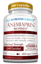 Approved Science Anemiaprin bottle with capsules showing gentle iron for stomach comfort.